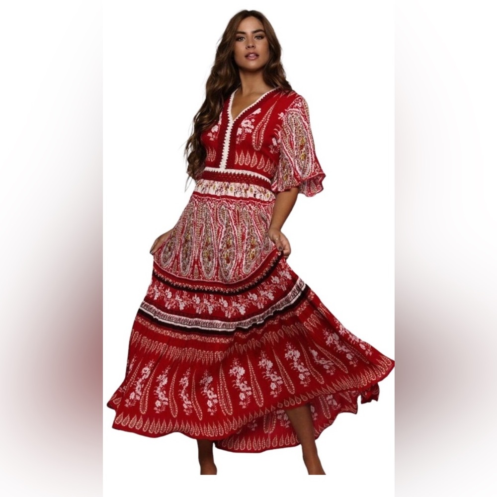 Raga Luisa Red Bohemian Crochet Trim Maxi Dress, Size S (New)